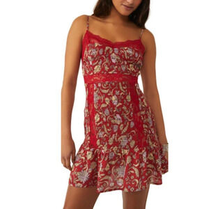 Free People Last Night Smocked Lace Mini Slip Dress Red Cherry Combo Size XS